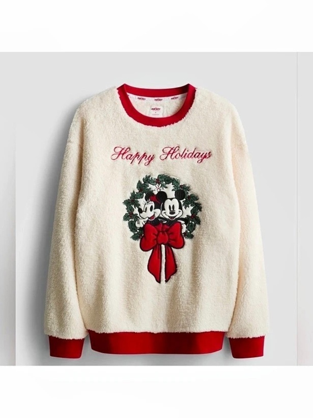 Disney Women’s Mickey and Minnie Holiday Graphic Crewneck Sweater in Cream & Red